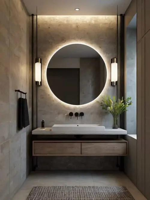 A round backlit mirror between two wall lights on a stone-tiled wall, over a floating timber vanity with a rectangular basin