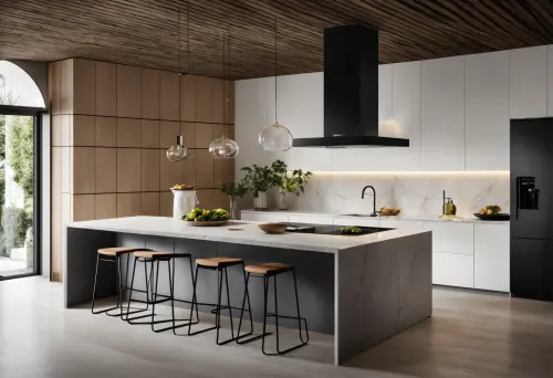 Oak panelling and white uppers either side of a black extractor hood, over a marble-topped island