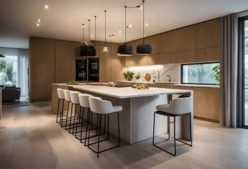 Timber fronts wrapping the corner into tall units, with six stools drawn up to a marble island
