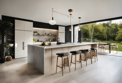 An open shelf above the worktop and a veined stone island running out toward the garden doors