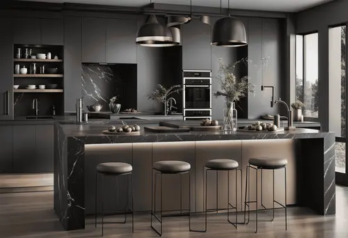 Charcoal cabinetry, twin ovens and an open shelf of crockery around a black marble island