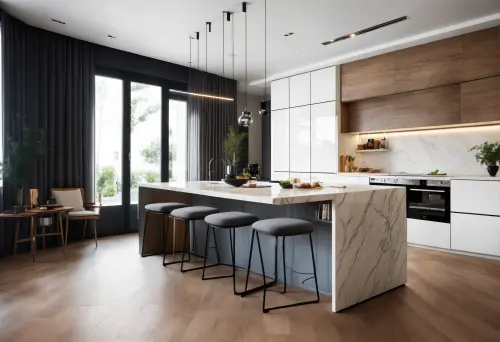A walnut-fronted upper run beside white gloss tall units, over a veined marble island with four stools and glazed doors to the garden