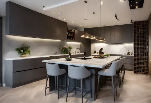 Graphite cabinetry along both walls under a linear pendant, with a marble splashback and a marble island seating five