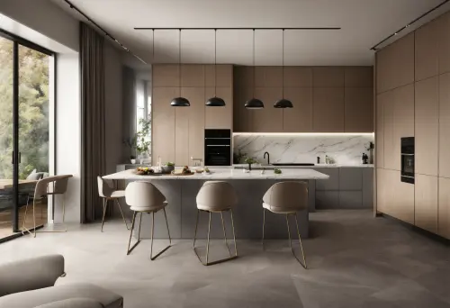 Pale oak tall units and an oven column against a marble splashback, with three stools at the island under black dome pendants
